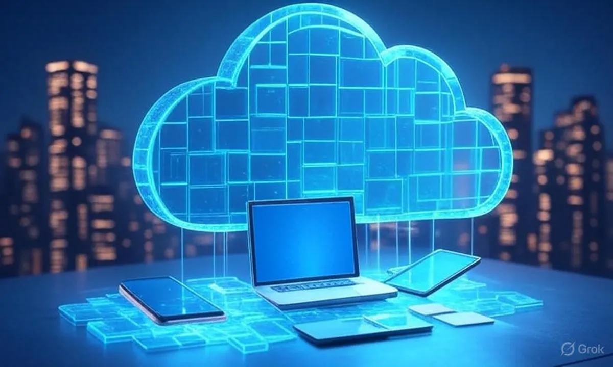 Floating cloud server connecting devices like laptops and phones for remote work