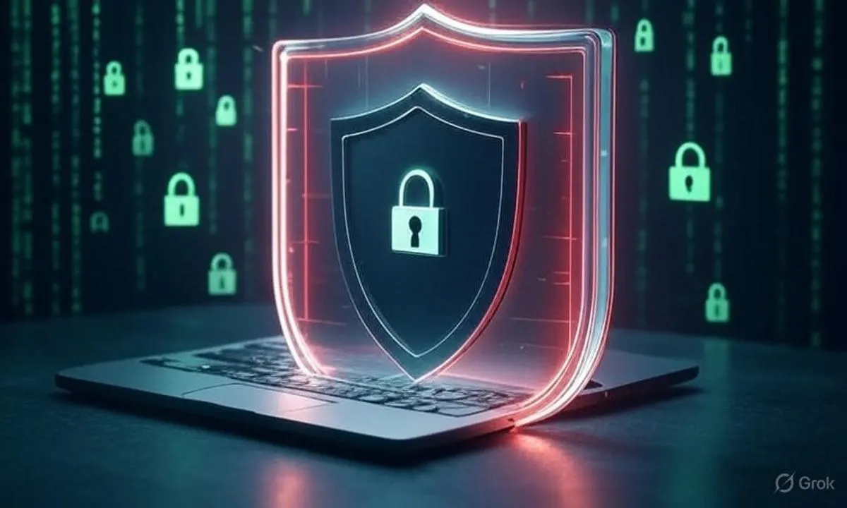 Digital shield protecting laptop from cyber threats with glowing lock icons