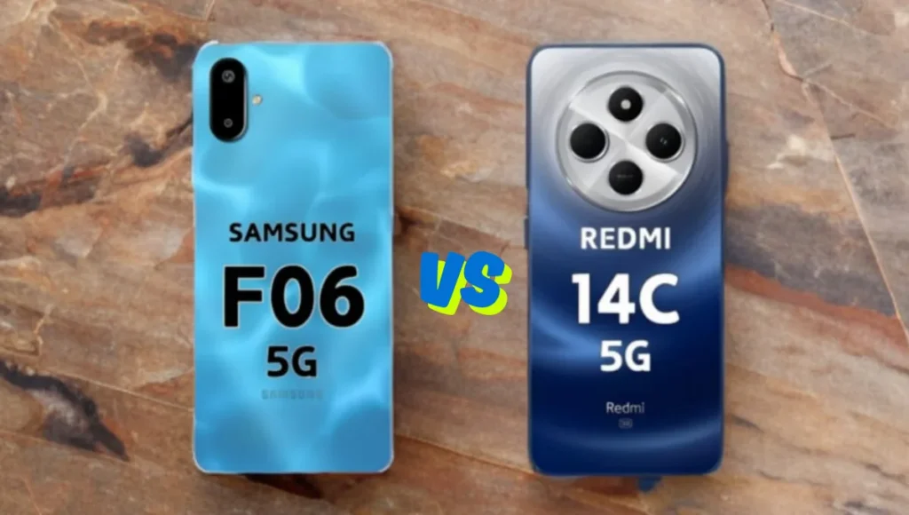 Rear camera close-up of Redmi 14C 5G and Samsung F06 5G