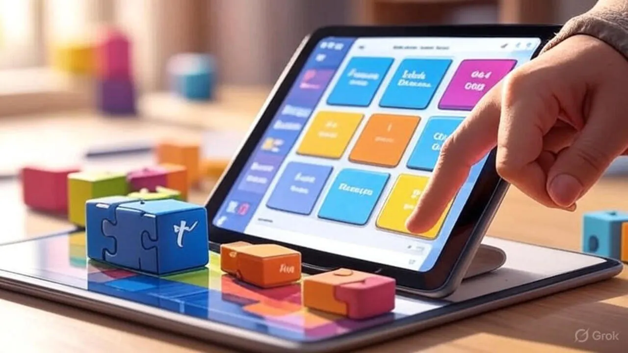 Hand dragging puzzle blocks to build an app without coding on a table