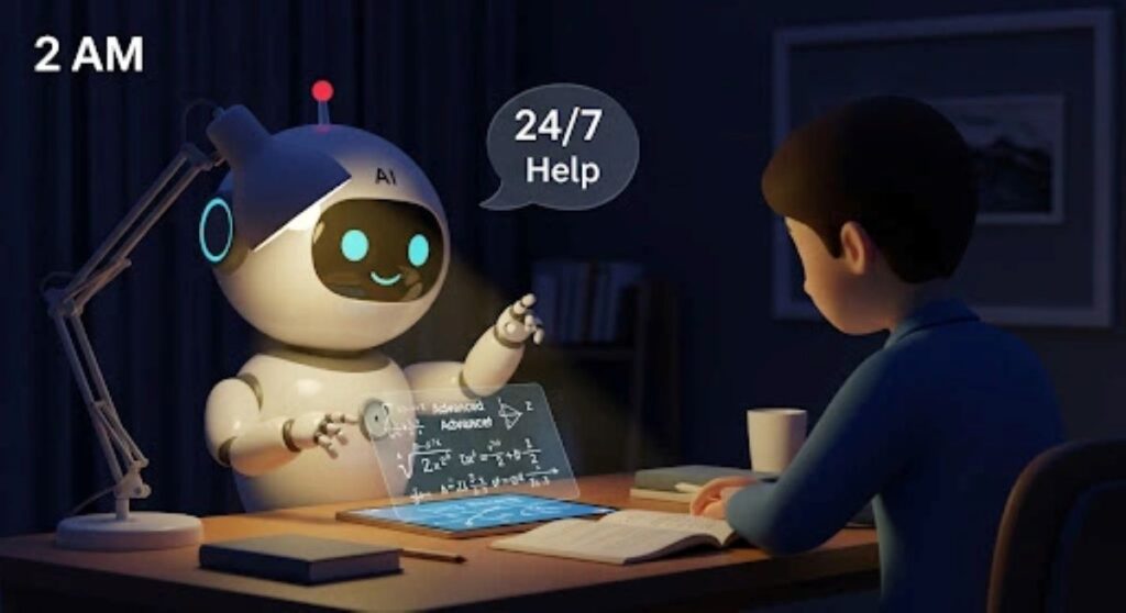 Student getting instant math help from TutorAI on a tablet at night in 2025