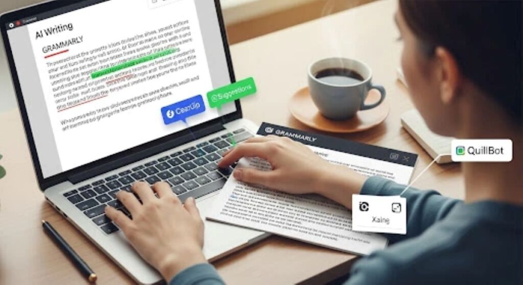 Student enhancing an essay with QuillBot on a laptop in 2025