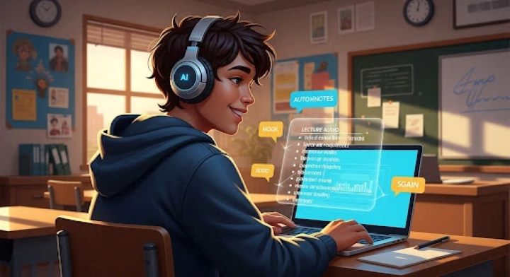Student using Otter.ai to transcribe and summarize lecture notes on a laptop in 2025
