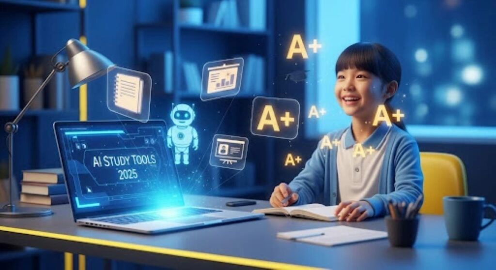 Diverse students using futuristic AI tools in a modern study space in 2025
