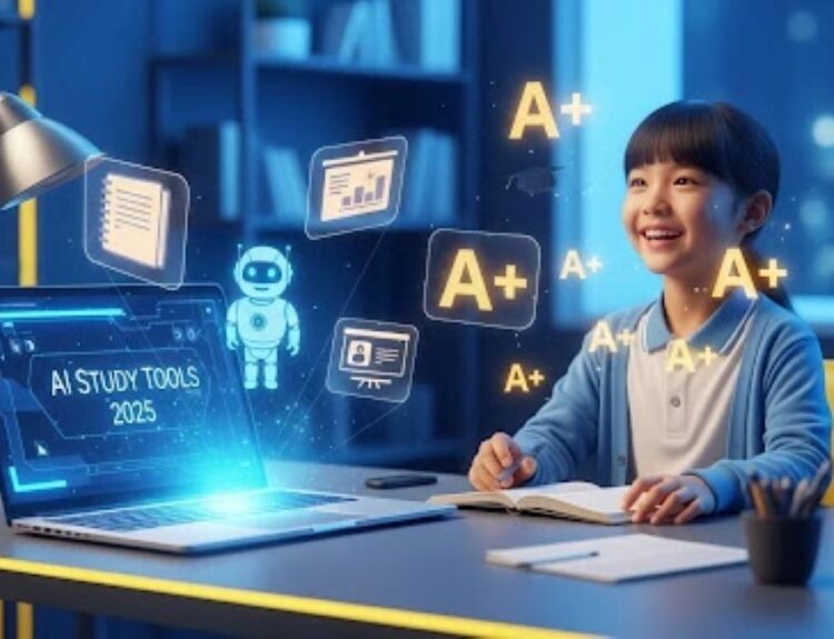 Diverse students using futuristic AI tools in a modern study space in 2025