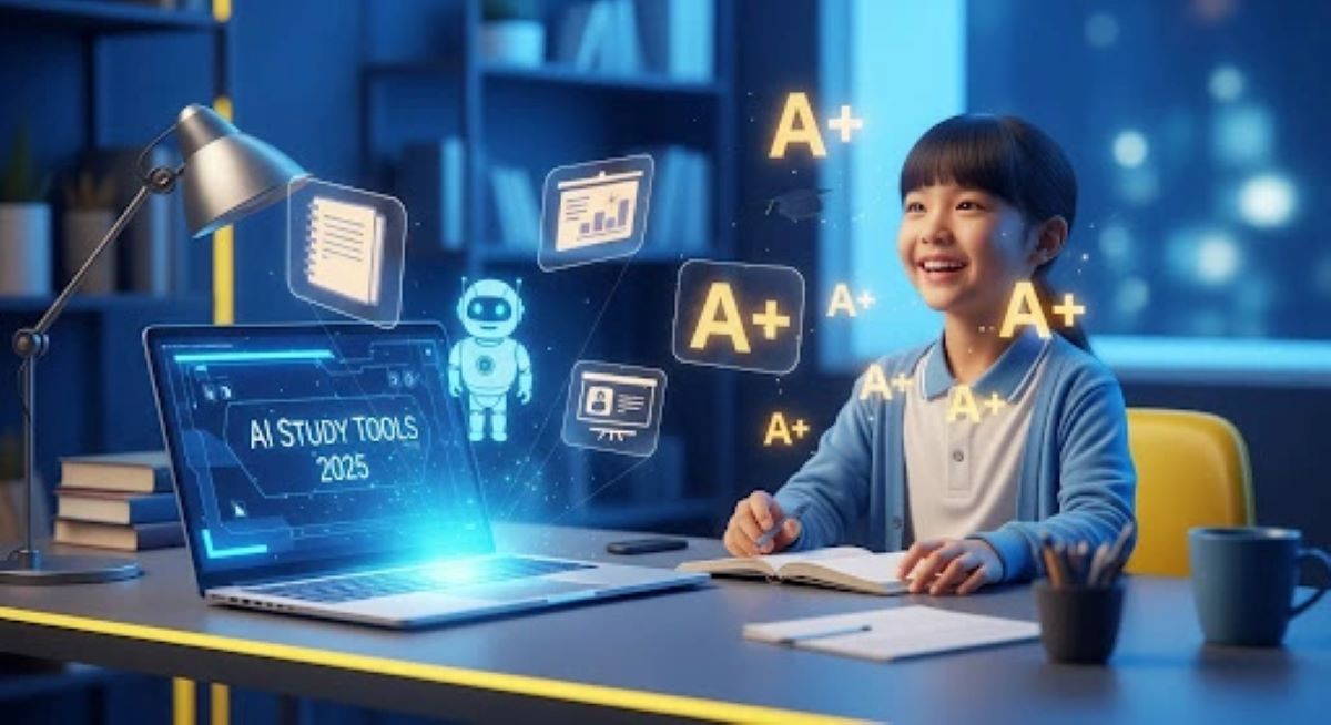 Diverse students using futuristic AI tools in a modern study space in 2025
