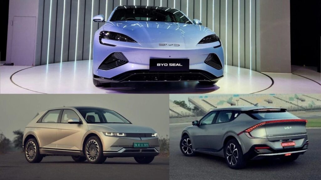 Hyundai IONIQ 5, Kia EV6, and BYD Seal parked side by side