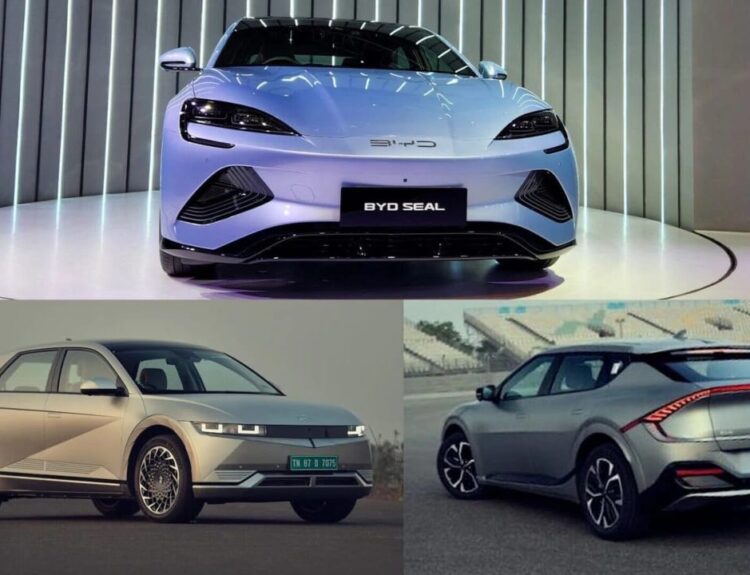 Hyundai IONIQ 5, Kia EV6, and BYD Seal parked side by side