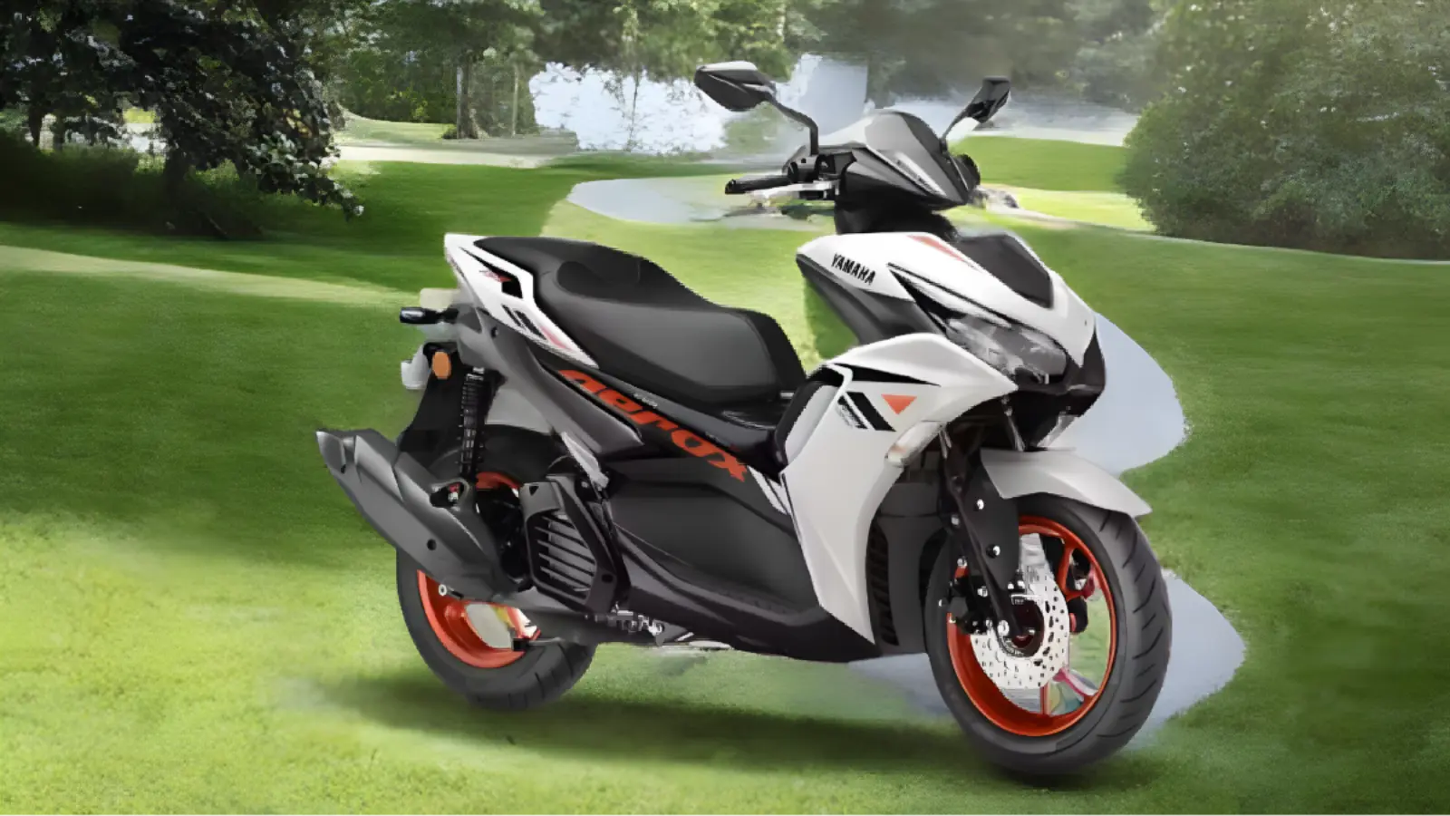 Front view of Yamaha Aerox 155 with LED headlight and sporty design and side engine