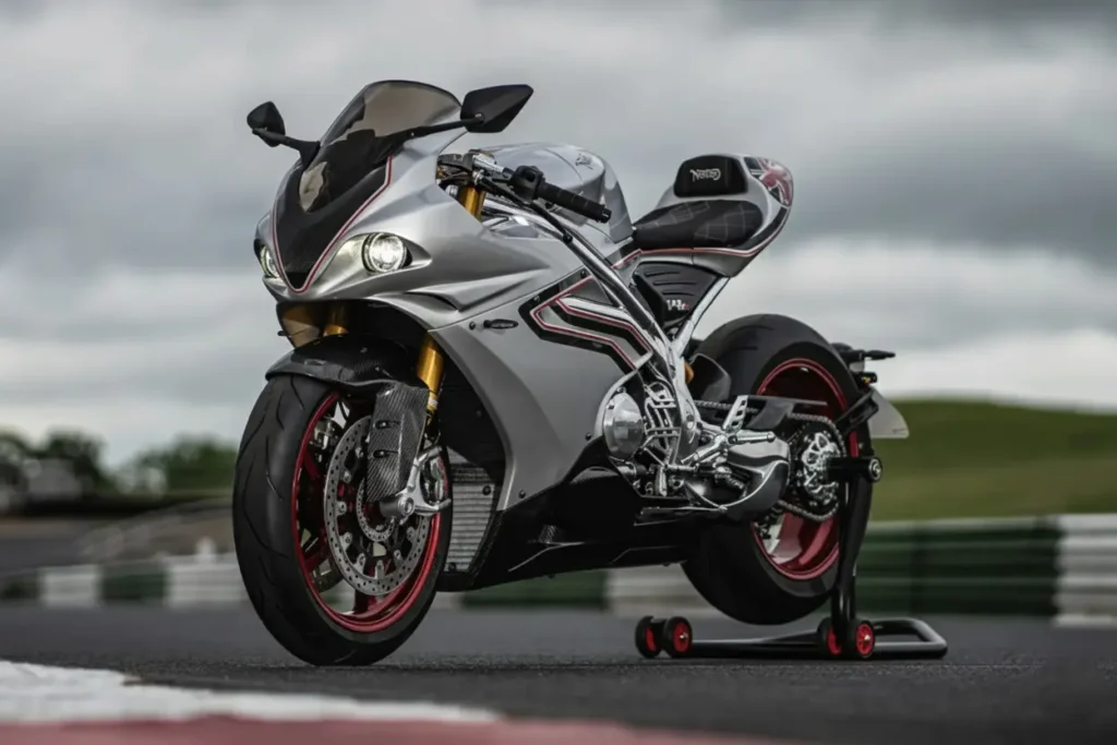Norton V4 2025 side view showing 1200cc V4 engine and slim design
