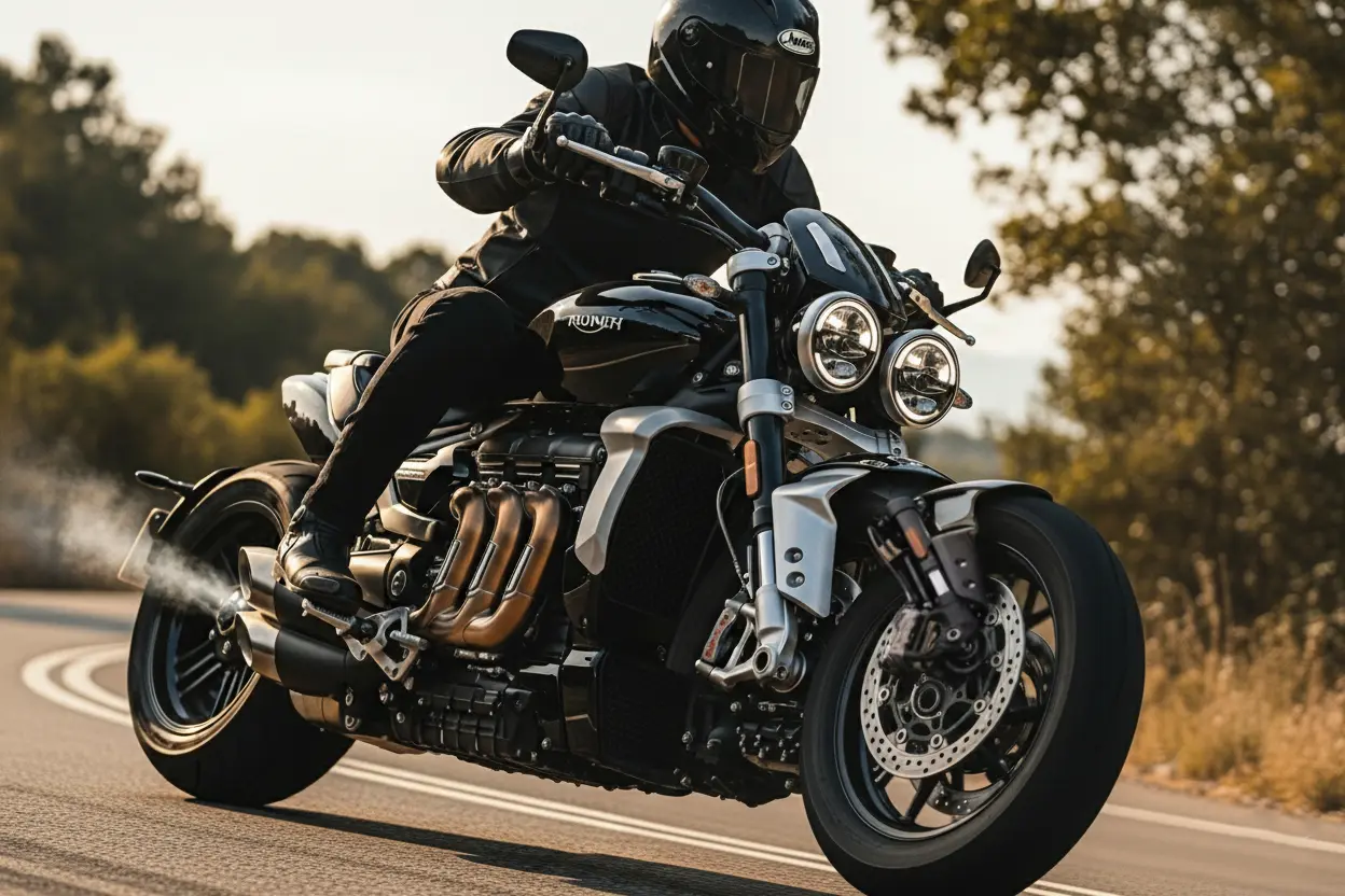 Triumph Rocket 3 front view with muscular design and LED headlight